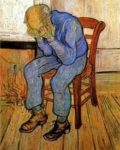 a painting of a man sitting on a chair in front of a fire place with his head down