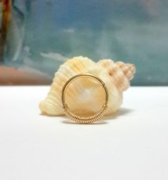 a gold ring sitting on top of a shell