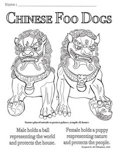 the chinese foo dogs coloring page is shown in black and white, with instructions for how to