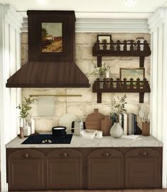 an image of a kitchen setting with shelves on the wall and counter tops in front of it