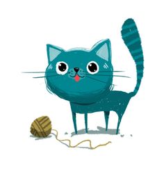 a drawing of a blue cat playing with a ball of yarn on the ground,