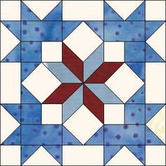 a blue and white quilt with a red star on the center is featured in this image