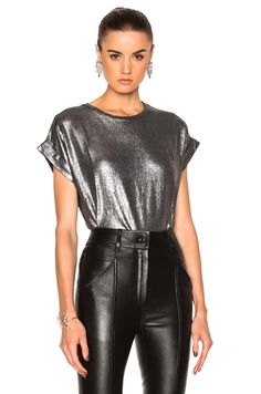 BALMAIN Metallic Tee. #balmain #cloth # Metallic Tshirt Outfit, Black And Metallic Outfit, Metallic Shirt Outfit, Silver Top Outfit Metallic, Silver Shirt Outfit, Silver Top Outfit, Metallic Top Outfit, Metallic Outfit Ideas, Metallic Outfit