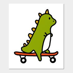 a green dinosaur riding on top of a skateboard