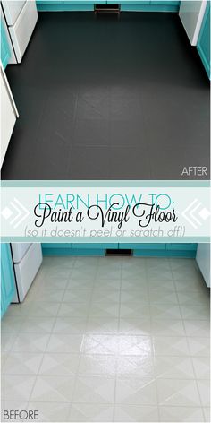 the before and after of painting a vinyl floor in a kitchen with white cabinets, blue walls