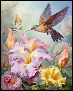 a painting of a hummingbird flying over pink and yellow flowers