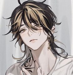 an anime character with long hair and piercings on his ears is staring at the camera