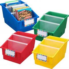 four plastic storage bins with dividers and labels on each side, set of 4