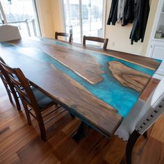 Double River Live Edge Epoxy Table - Brick Mill Furniture Live Edge Kitchen Table, Epoxy Wood Table, Wood Resin Table, Wood Table Design, Dining Sofa, Wood Epoxy, Epoxy Table, Epoxy Resin Table, Wooden Dining Chairs