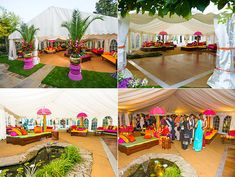 a collage of photos showing the inside of a marquee with tables, couches and umbrellas