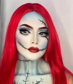 Sally Nightmare Before Christmas Makeup Tutorials, Sally Face Makeup Tutorial, Cool Makeup Looks Creative Halloween, Jack And Sally Costumes, Halloween Beauty Makeup