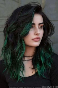 Hair Dye Colors For Dark Hair, Green Hair With Black Roots, Black Hair With Green Tips, Black And Emerald Green Hair, Fun Color Hair Ideas, Dark Green Ombre Hair, Phantom Green Hair