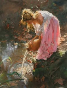 a painting of a woman washing her hands in a stream