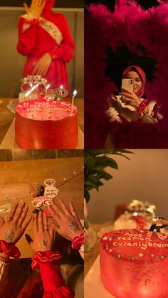 a collage of photos with pink and red cake, hands holding up a cell phone