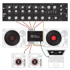 an image of a stereo system with two speakers and one laptop computer on the side