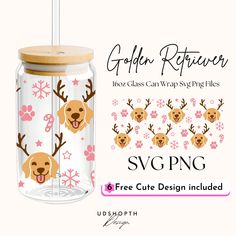 the golden retriever glass cup is decorated with pink flowers and deer heads