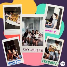 four pictures of people sitting on a couch with the words satchese written on them