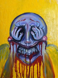 a painting of a creepy face with blood dripping from it's mouth and eyes