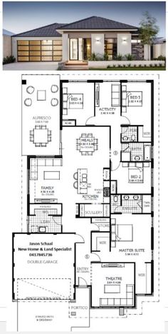 two story house plan with 3 bedroom and 2 bathrooms on each floor, in the middle of