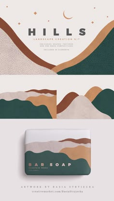 the hills logo and business card design is shown in three different colors, including green, brown