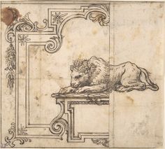 a drawing of a lion laying down on a table next to a wall with an ornate border around it