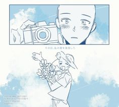 an image of a man holding flowers in front of a camera and another drawing of the same person