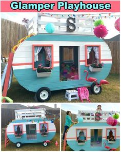 an old camper has been transformed into a play house for the kids to play in