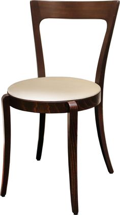 a wooden chair with white upholstered seat and backrest, viewed from the front