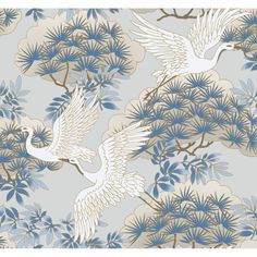 two white birds are flying in the air over trees and flowers on a gray background