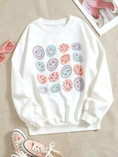 White Casual Collar Long Sleeve Knitted Fabric Cartoon Pullovers Embellished Non-Stretch  Women Clothing Women Sweatshirts, Shein Outfits, Dropped Shoulder Sweatshirt, Cute Preppy Outfits, Sweatshirts Pattern, Cute Sweatshirts, Round Neck Sweaters, Really Cute Outfits, Lady Bug