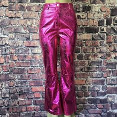 Bend & Snap Crackle Metallic Flare Pants. It Features A No Stretch Construction, A Boot Cut And Flare Design, High Waist Fit, Statement Crackle Pattern, Metallic Pink Coloring, Pocket Detailing, And Front Button And Zipper Closures. Please Note That The Pants Arrived With A Small Spot On Inner Lining As Shown. **Length Then Inseam Is Shown** Nwt, Size 6, No Stretch, True To Size. Mannequin Bust 34", Waist 26" And Hips 38" Bend And Snap, Pink Coloring, Metallic Pink, Flare Pants, Bottoms Pants, Bend, Boot Cut, Pant Jumpsuit, Womens Bottoms