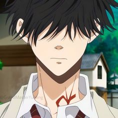 an anime character with black hair and white shirt looking at the camera while standing in front of a house