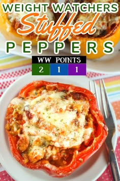 a white plate topped with stuffed peppers covered in cheese