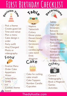 a birthday checklist with balloons, cake and other things to do in the party