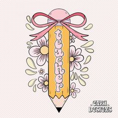 a pencil with the word congratulations written on it and flowers around it, tied in a pink ribbon