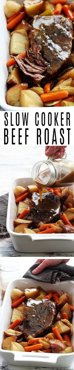 two pictures showing how to cook slow cooker beef roast