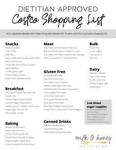 the dietian approved costco shopping list is shown in black and white with text