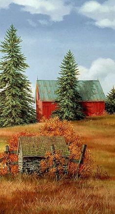 a painting of a farm scene with red barns and trees