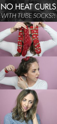 Genius and easy way to get loose, voluminous curls! No heat curls with tube socks! This worked in only 5 hours for me! Using Socks To Curl Hair, Curling Hair With Socks, Easy Overnight Curls, Hair Wellness