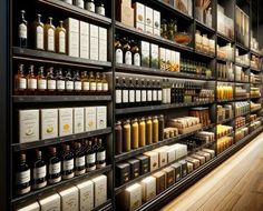 the shelves are filled with many different types of liquor