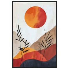 a painting with an orange sun in the sky and some plants on it's side