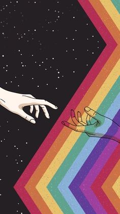 two hands touching each other in front of a multicolored background with stars and lines