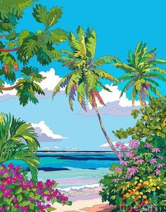 a painting of a tropical beach scene with flowers and palm trees