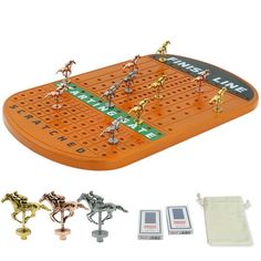 an orange board game set with horses and people on it, all in different colors