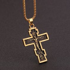 Mens Gold Russian Orthodox Cross Pendant Necklace Stainless Steel Rope Chain 24" | eBay Vintage Crucifix Cross Necklace As Gift, Vintage Crucifix Cross Necklace Gift, Handmade Vintage Style Cross Necklace As Gift, Handmade Vintage Cross Necklace As Gift, Vintage Engraved Cross Necklace Gift, Handmade Vintage Cross Necklace Gift, Handmade Vintage Cross Necklace For Gift, Vintage Gold Cross Necklace For Gift, Big Pendant Gold