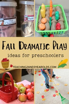 four different pictures with the words fall dramatic play ideas for preschoolers