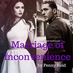 a man and woman standing next to each other in front of a tall building with the words marriage of inconvenience