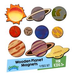 wooden planet magnets for kids to play with in the sun, planets and stars