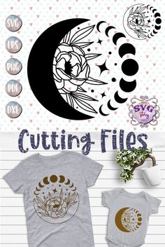 two t - shirts with the words cutting files next to it and an image of a moon