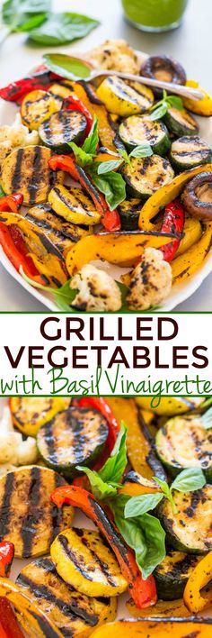 grilled veggies with basil vinaierete on a plate